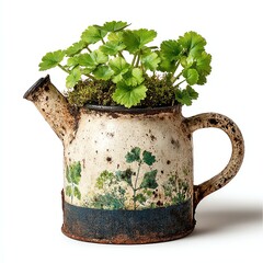 A rustic, weathered watering can repurposed as a planter, filled with vibrant green plants growing from mossy soil.