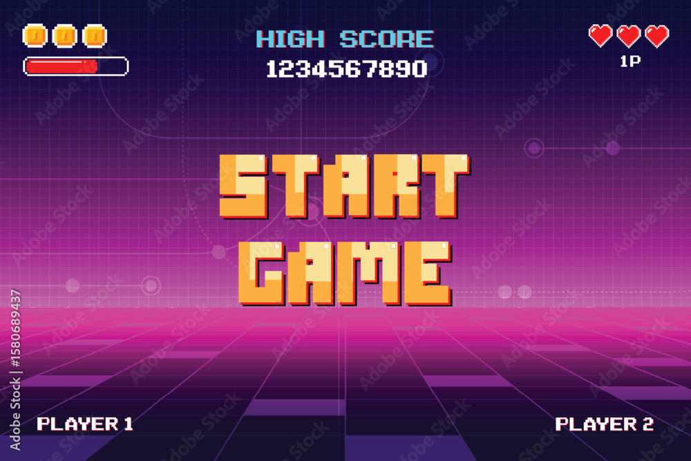 Fototapete start game. pixel art .8 bit game. retro video game. for game assets. retro futurism sci-fi backgrou