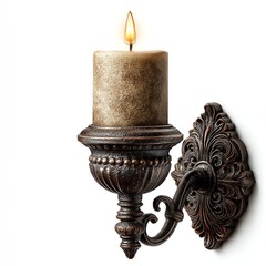 An ornate, vintage-style metal wall sconce holds a lit, textured candle against a white background, blending classic elegance with warm ambient lighting.