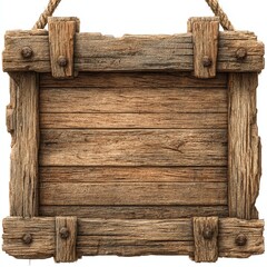 Rustic wooden signboard with a rough texture, held by a thick rope, perfect for vintage or natural-themed decorations and messages.