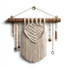 A handcrafted macrame wall hanging with intricate knots, wooden beads, and metal rings on a wooden dowel, creating a boho decorative piece.