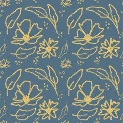 Seamless Yellow Floral Sketch Pattern on Blue Background