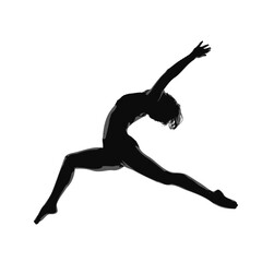 Graceful dancer in silhouette performing an athletic leap isolated on white background