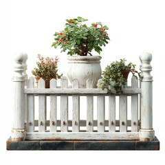 A rustic white wooden fence with three potted plants, featuring lush green foliage and red berries, standing on a stone base.