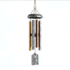 A decorative metal wind chime with five hanging tubes in gold, silver, and bronze tones, suspended by a detailed round top and a rectangular wind catcher.