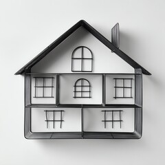 A creative house shape made from bent black paper clips arranged to form windows, roof, and chimney on a white background.