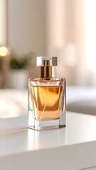 Perfume advertisement, bottle and minimalism: Magazine layout image of a sleek perfume bottle centered with heavy negative space.