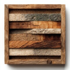 A square wooden frame containing alternating horizontal layers of textured wood and stone slabs in varying shades of brown and gray.