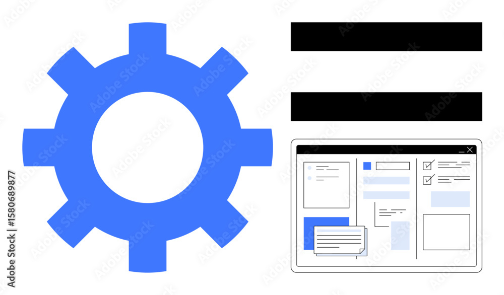 Poster blue gear, parallel bars, and a stylized web interface representing settings, functionality, automat