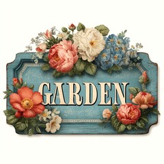 Vintage-style blue garden sign with elegant floral arrangements including roses, peonies, and hydrangeas in soft pastel colors.
