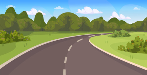 A quiet country road stretching through untouched natural landscape under a clear sky. Vector illustration. Not AI generated ©  HourGlass