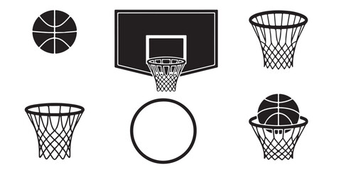 black vector various style Basketball hoop, basketball and goal, net, ring icon silhouettes set