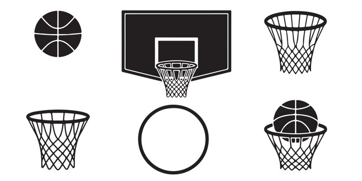 black vector various style Basketball hoop, basketball and goal, net, ring icon silhouettes set