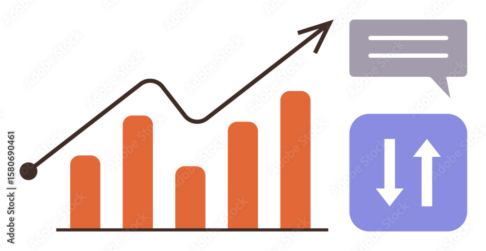 Poster bar chart with upward trend line, speech bubble, and up-down arrows indicating progress, data exchan