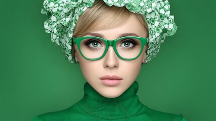 Stylish young woman wearing bold green eyeglasses and headscarf posing against a green background