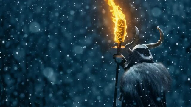 A formidable warrior in a horned helmet and fur holds a flaming torch amidst falling snow. Use for fantasy or historical themed content.