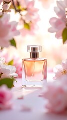 Perfume advertisement, bottle and minimalism: Magazine-style shot of a minimalist perfume bottle centered in frame, surrounded by negative space.