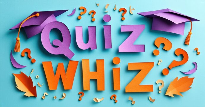 Papercraft design features Quiz Whiz text. Graduation caps, question marks, falling leaves create playful scene. Bright colors dominate.