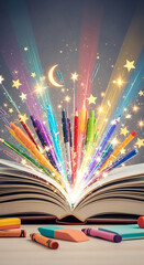 A magical open book bursts with colorful pencils and radiant starlight, symbolizing creativity and imagination.