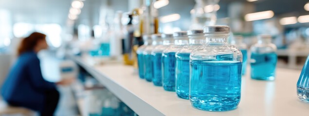 Blue liquid bottles on a lab shelf
