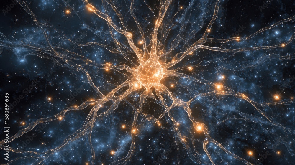 Aufkleber an abstract representation of a neuron set against a dark starry sky featuring bright electric curre