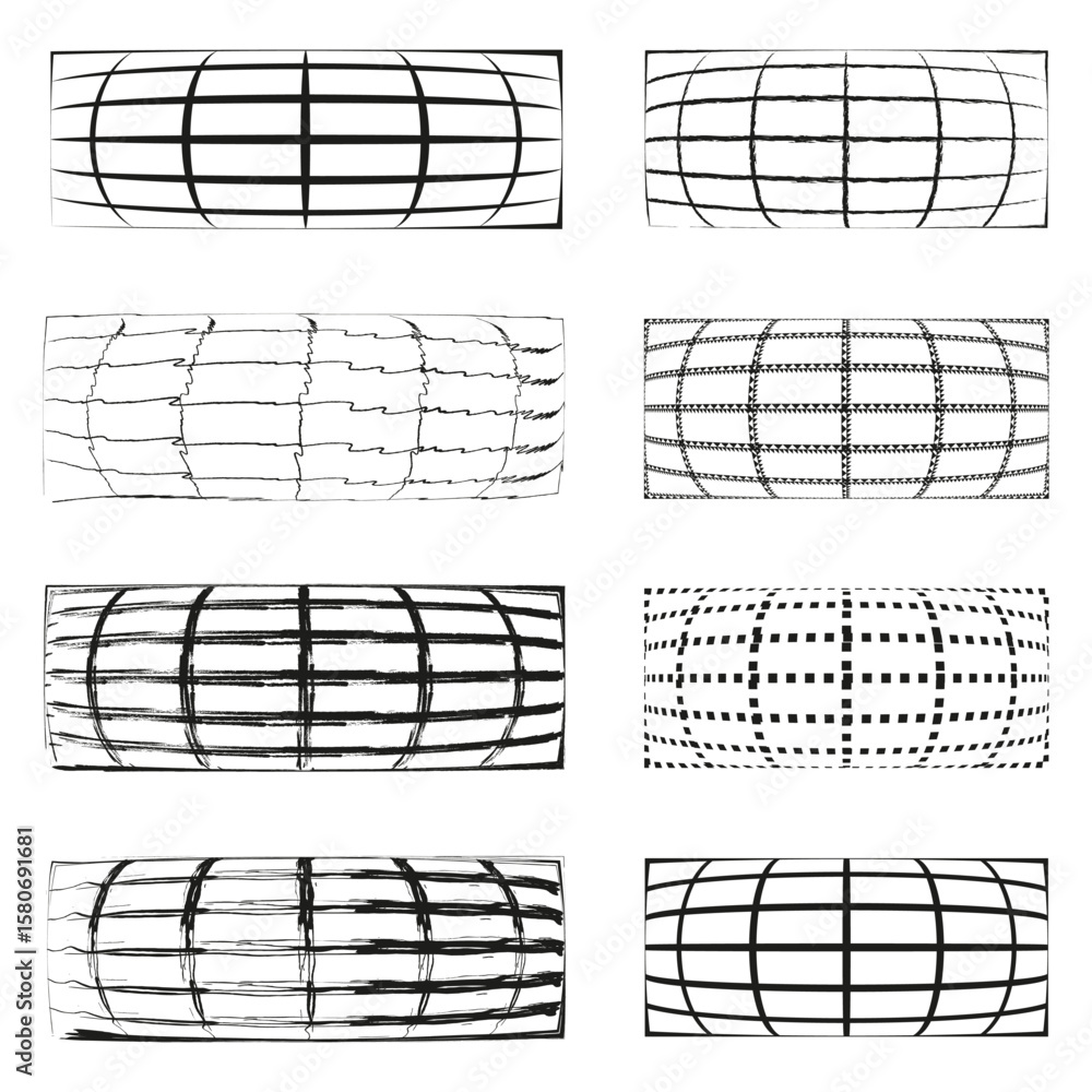 Poster distorted grid patterns. horizontal line textures. rectangular map forms. vector grunge elements.