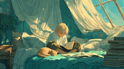 A person reading in a cozy, sunlit room with a cat nearby.