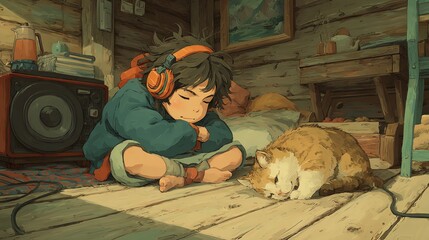 A boy relaxes with a cat in a cozy, illustrated room.
