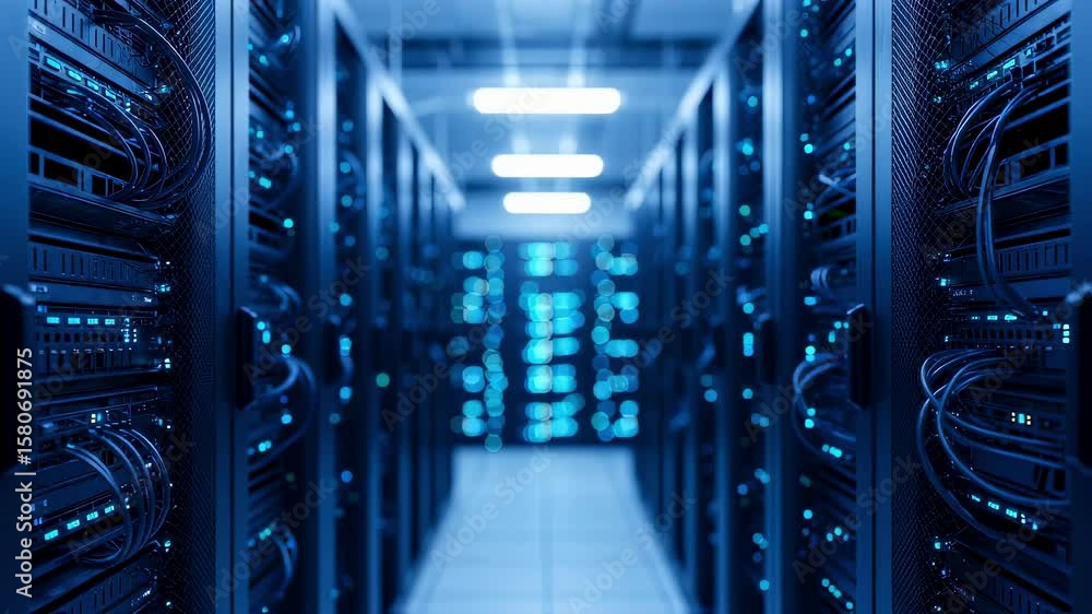 Aufkleber technical server room interior revealing networking infrastructure with glowing blue lights illumina