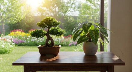 A couple of plants sitting on top of a wooden table isolated on white background.