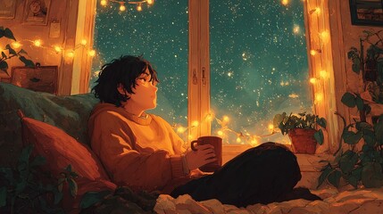 Cozy indoor scene with a person enjoying a drink by the window.