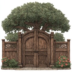 Intricate wooden gate framed by a large tree and blooming flowers.