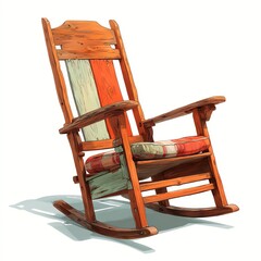 Rustic wooden rocking chair with colorful upholstery on a shadowed surface.
