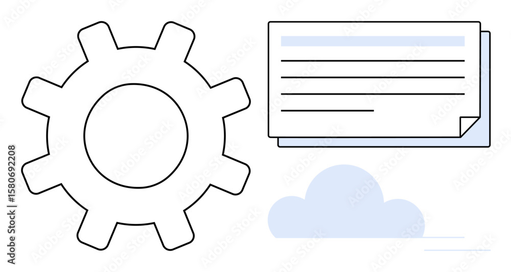 Poster gear beside a document and cloud, highlighting workflow, automation, and storage. ideal for technolo