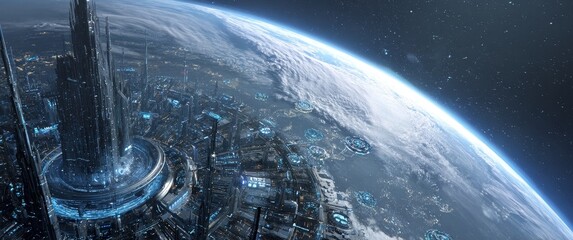 Futuristic Moon Base with Earth in Background. 2020s Sci-Fi Film Aesthetic