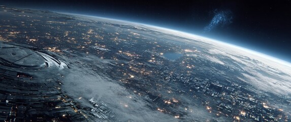 Futuristic Moon Base with Earth in Background. 2020s Sci-Fi Film Aesthetic