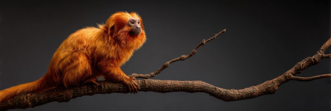 Golden Lion Tamarin Clings to Branch in Bright Light Showcasing Vibrant Fur and Curious Expression