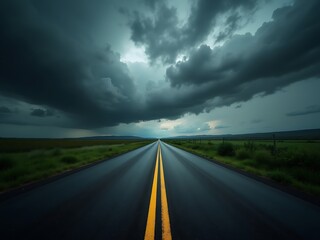 Stormy weather road trip scenic drive asphalt highway yellow lines ominous clouds nature landscape travel 