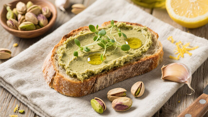 Realistic top-down image of plant-based pistachio spread on artisan bread, styled with herbs, oil, and raw ingredients