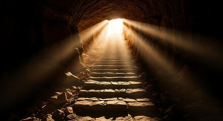 Stone staircase leading out of dark cave with bright sunbeams illuminating the path stairs rock