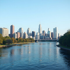 Fototapeta premium City Skyline Reflecting in River Water with Bridge and Park