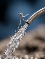 Funny Stickman Sprayed by Realistic Garden Hose. Humorous Water Splash Concept