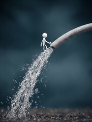 Funny Stickman Sprayed by Realistic Garden Hose. Humorous Water Splash Concept