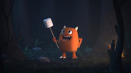3D Cute Monster Roasting Marshmallow at Night in Spooky Forest