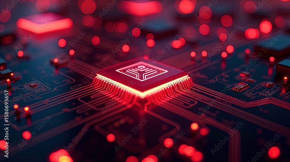 Poster close-up of a red computer chip with glowing circuitry, showcasing advanced technology in a vibrant,
