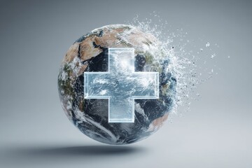 3D Globe with Floating Medical Cross. Concept of Global Healthcare and Telemedicine