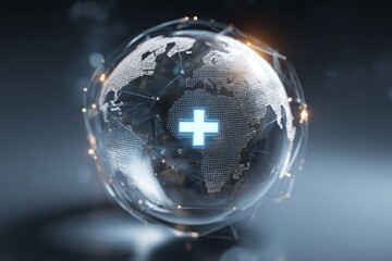 3D Globe with Floating Medical Cross. Concept of Global Healthcare and Telemedicine