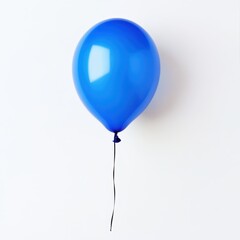 A single bright blue balloon with a black string floating against a plain white background isolated on white background