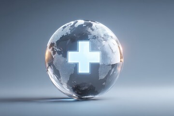 3D Globe with Floating Medical Cross. Concept of Global Healthcare and Telemedicine