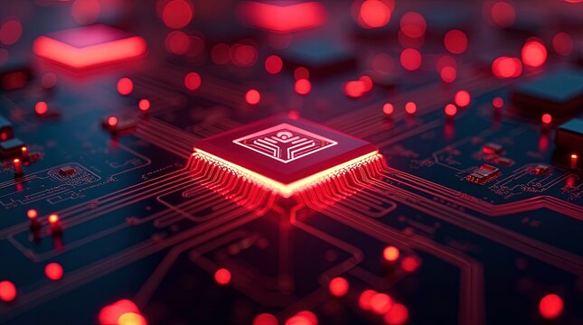 Close-up of a red computer chip with glowing circuitry, showcasing advanced technology in a vibrant, modern digital environment, AI